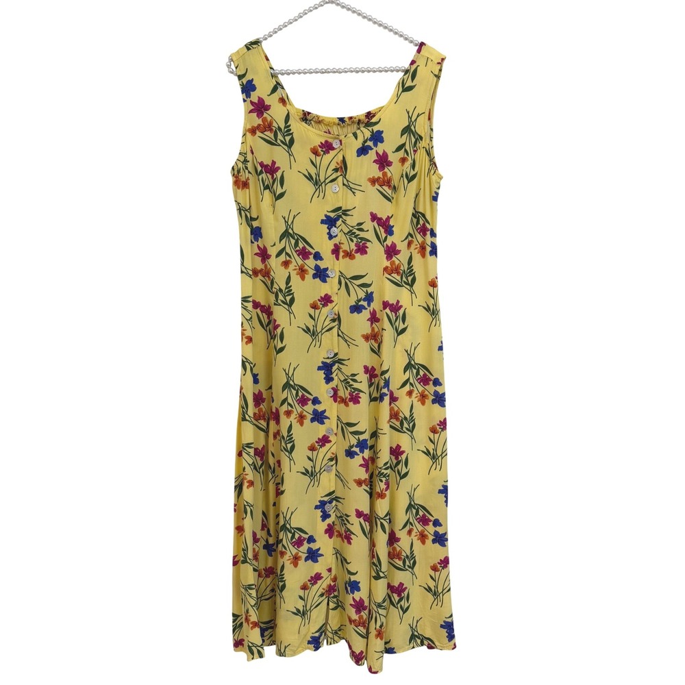 BFA Classics Vtg Yellow Floral Button Front Sleeveless Cottagecore Midi Dress M